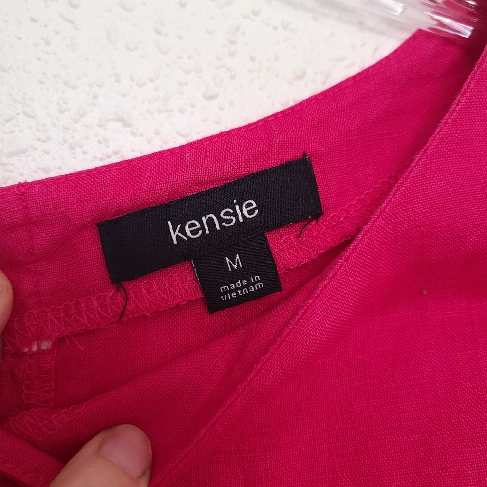 Kensie 100% Linen Hot Pink MEDIUM Button Detail Short Sleeve Top Blouse Bright M - Picture 4 of 9